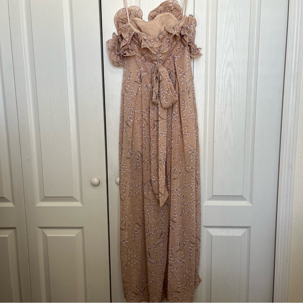 JAZZ BARDOT NECKLINE WIDE LEG SPLIT JUMPSUIT FLORAL PRINT BLUSH OFF-SHOULDERS - Picture 12 of 13
